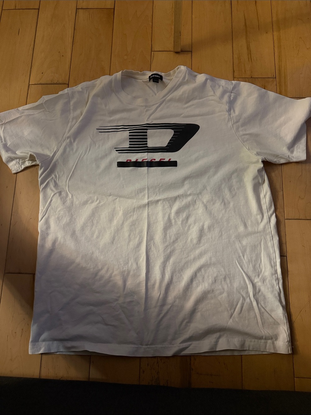 Diesel White Short-Sleeve Tee with Black Logo and Red Accent